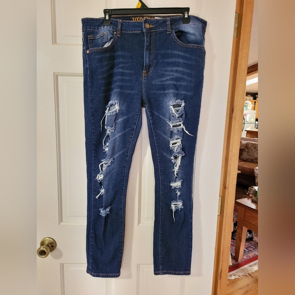 VIP Blue Straight Leg Jeans with Distressing and Fading